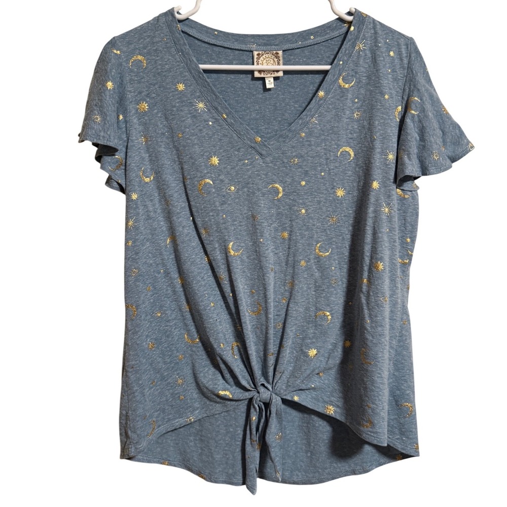 True Self Blue Gold Celestial Moon Star Flutter Sleeve Front Tie Top Medium